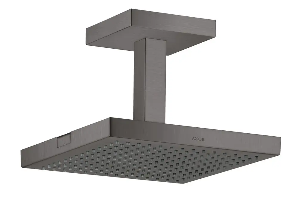 Kopfbrause mit Deckenanschluss in gebürstetem Schwarzchrom von AXOR, rechteckige Form mit einer Oberfläche aus mehreren Düsenauslässen zur Wasserabgabe.